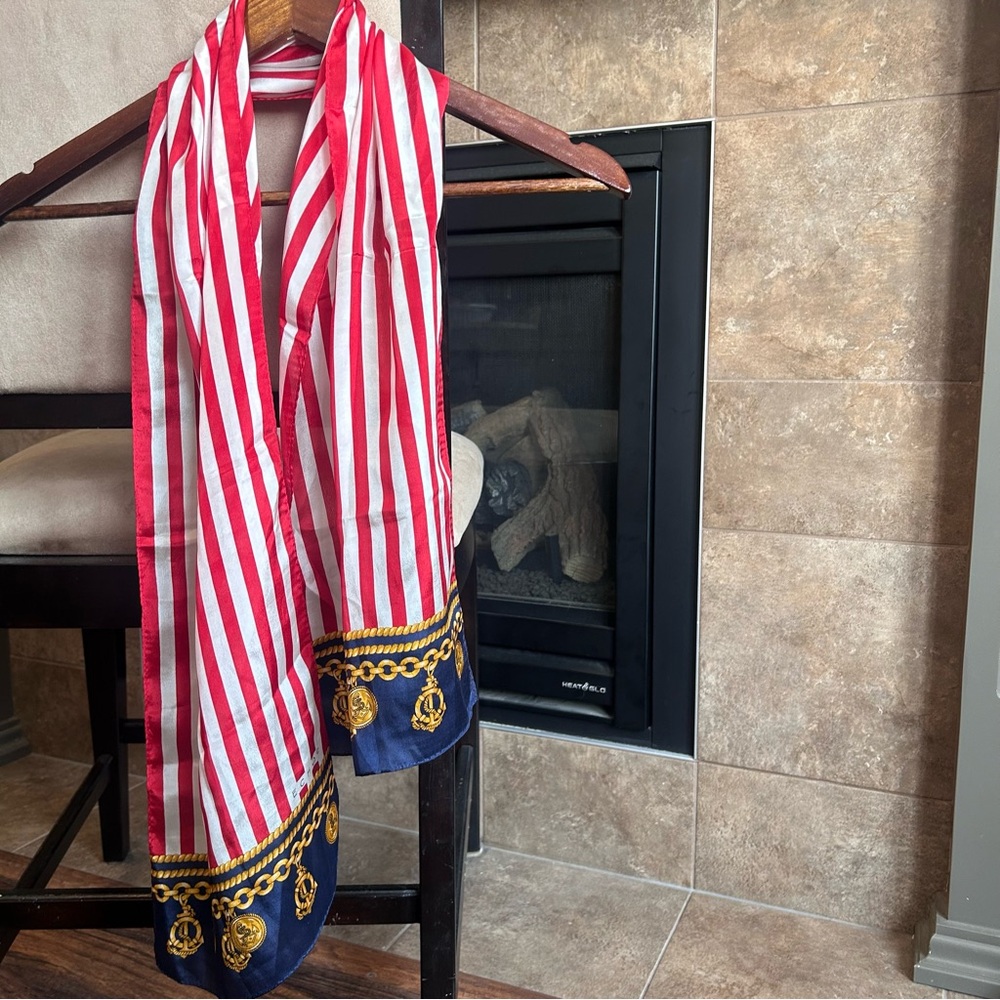 Vintage ECHO Nautical Silk Scarf Red White Stripes with Navy Blue & Anchor Print